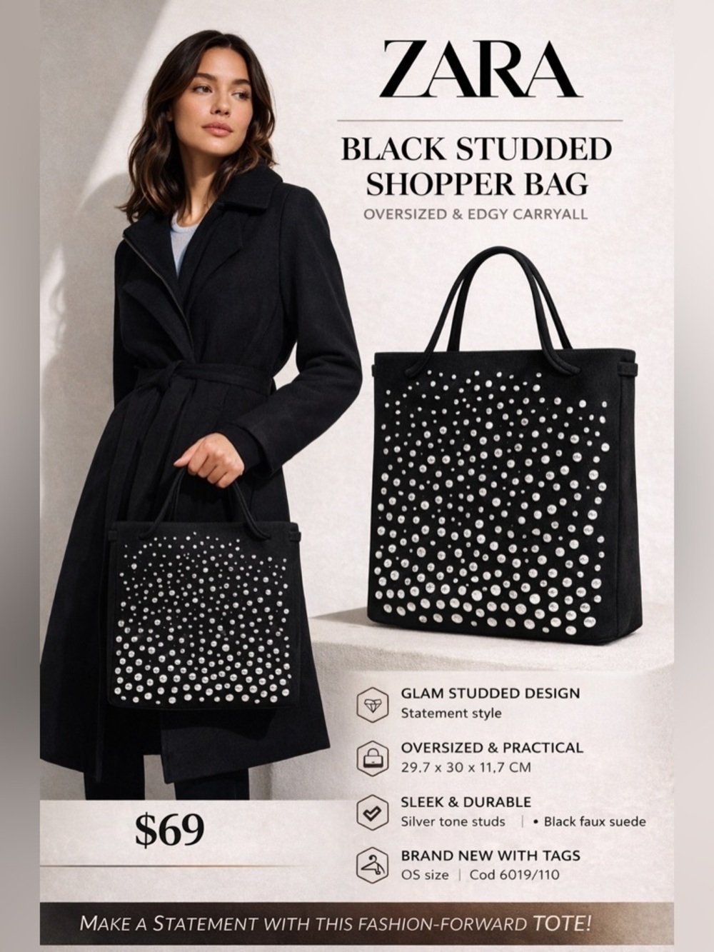 ZARA Black Studded Shopper Tote Bag NWT OS Silver Stud Oversized Carryall Tote